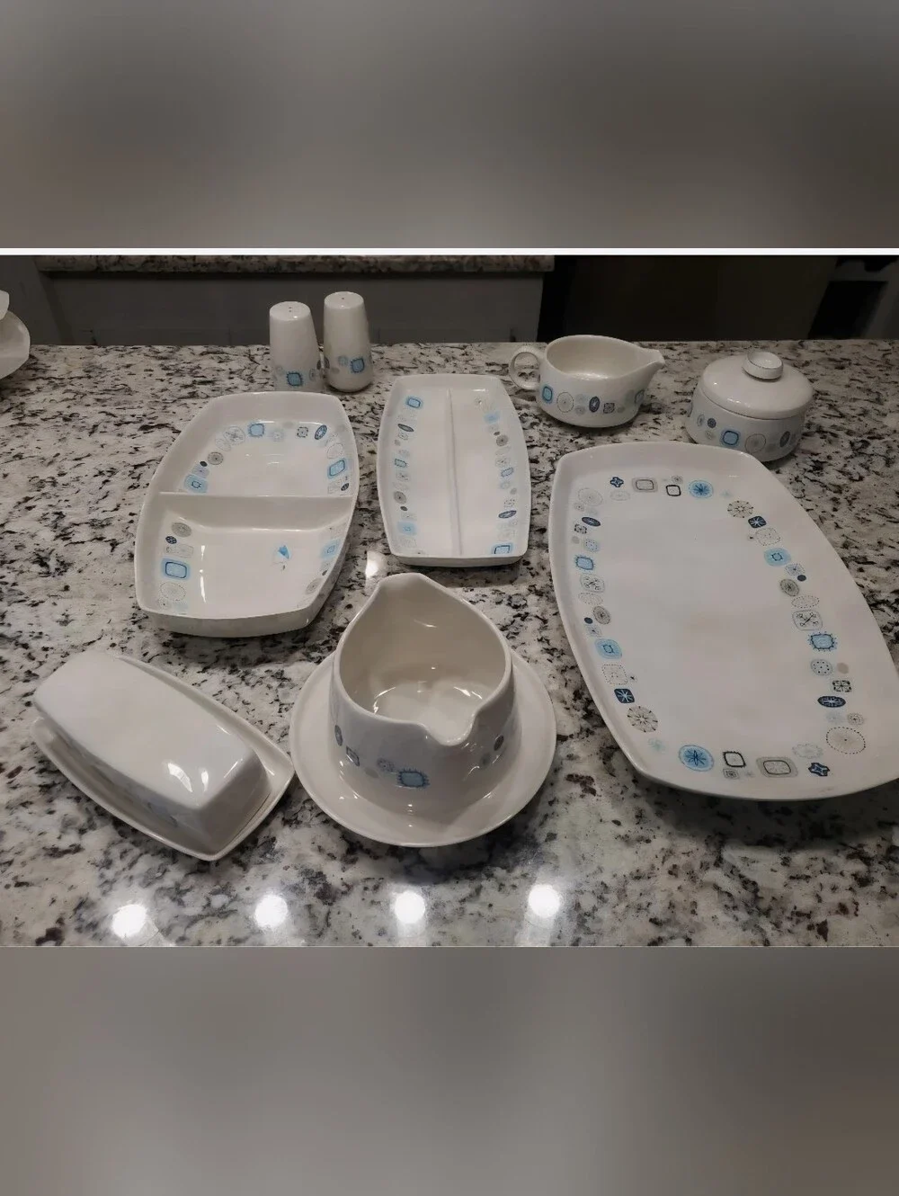 Franciscan White Ceramic Serveware with Light Blue Motif - 11 Pieces